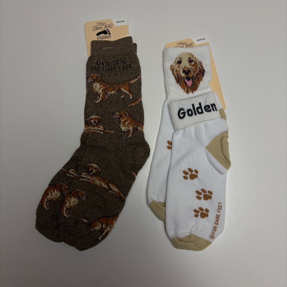 Golden Retriever Crew Socks, Medium, Made in USA by “For Bare Feet Originals”